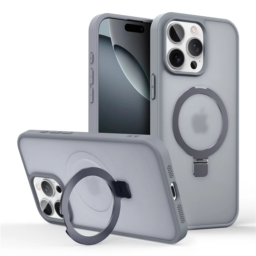 Matte Metal Ring Magnetic Phone Case for Magsafe IPhone 11 12 13 14 15 16 17 Air Pro Max Plus 17Pro KickStand Holder Cover