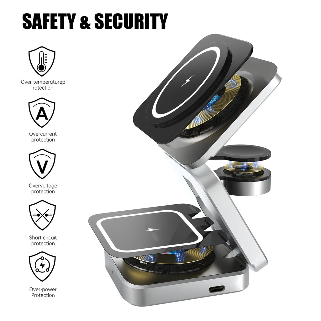 Travel 3 in 1 Magnetic Wireless Charger Foldable Stand Dock for iphone and sumsung