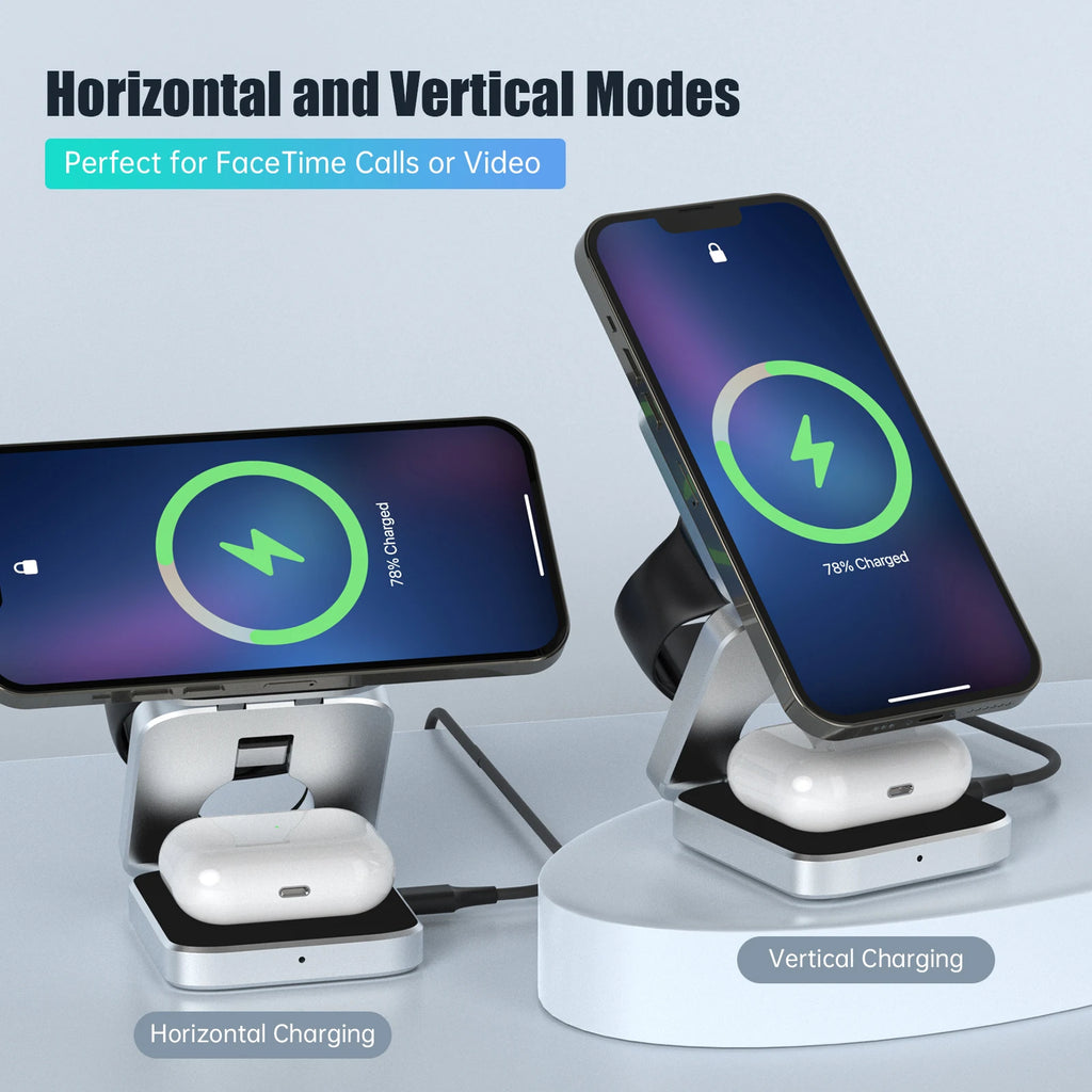 Travel 3 in 1 Magnetic Wireless Charger Foldable Stand Dock for iphone and sumsung