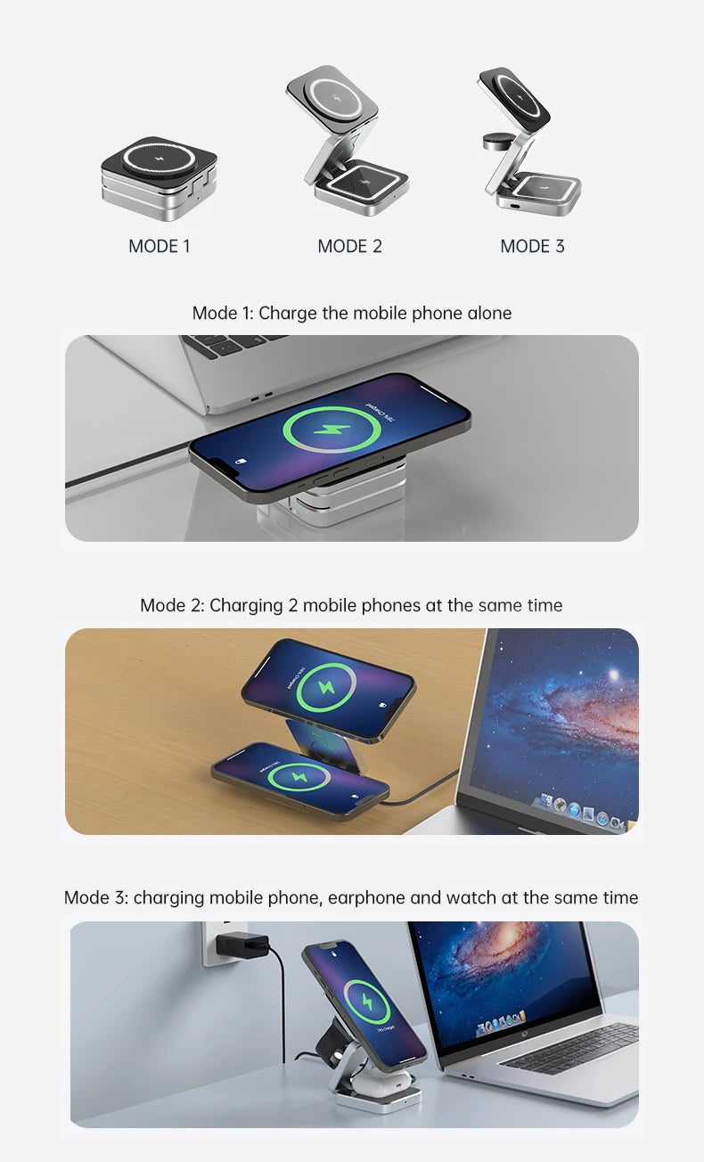Travel 3 in 1 Magnetic Wireless Charger Foldable Stand Dock for iphone and sumsung