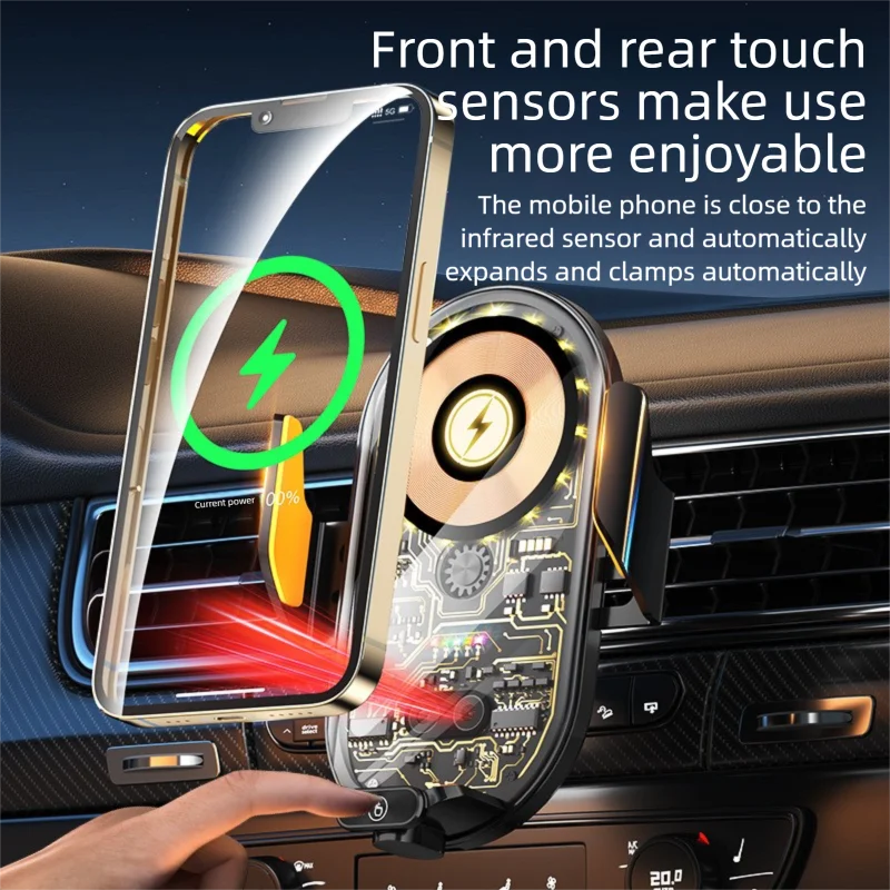 Smart Infrared Sensor Car Wireless Charger 66W Super Fast Charging Auto Lock Phone Mount Anti-Shake 360° Rotation AirVent Holder