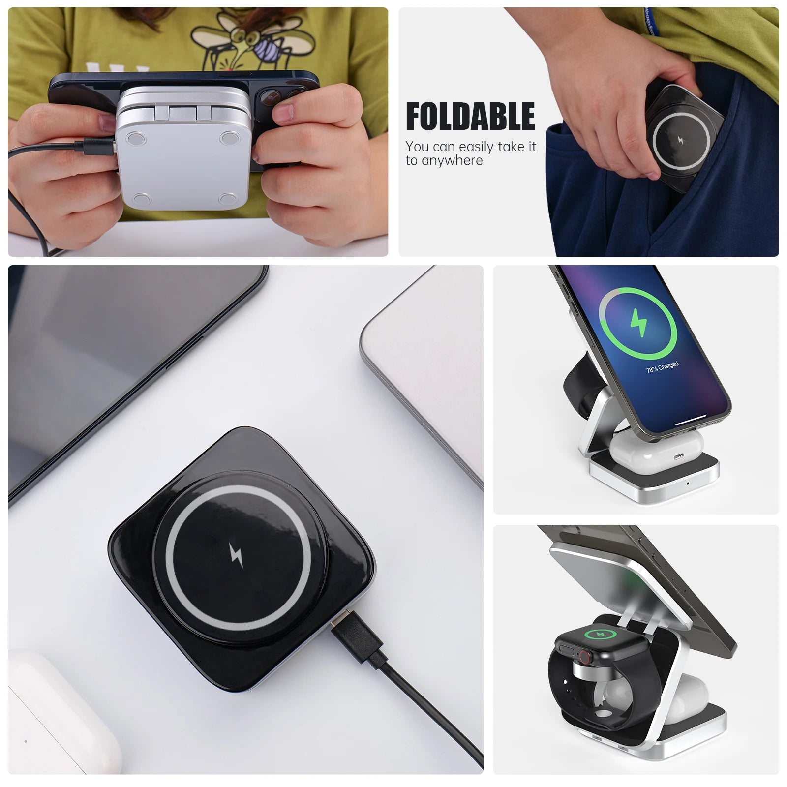 Travel 3 in 1 Magnetic Wireless Charger Foldable Stand Dock for iphone and sumsung
