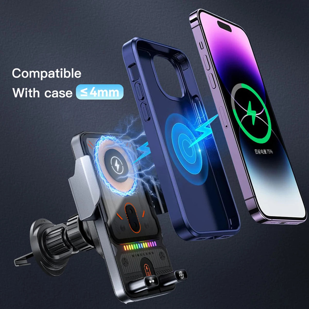 CE/FCC/ROHS Certified Auto-Sensing Vent Car Mount with Fast Wireless Charging for MagSafe-Compatible Phones.
