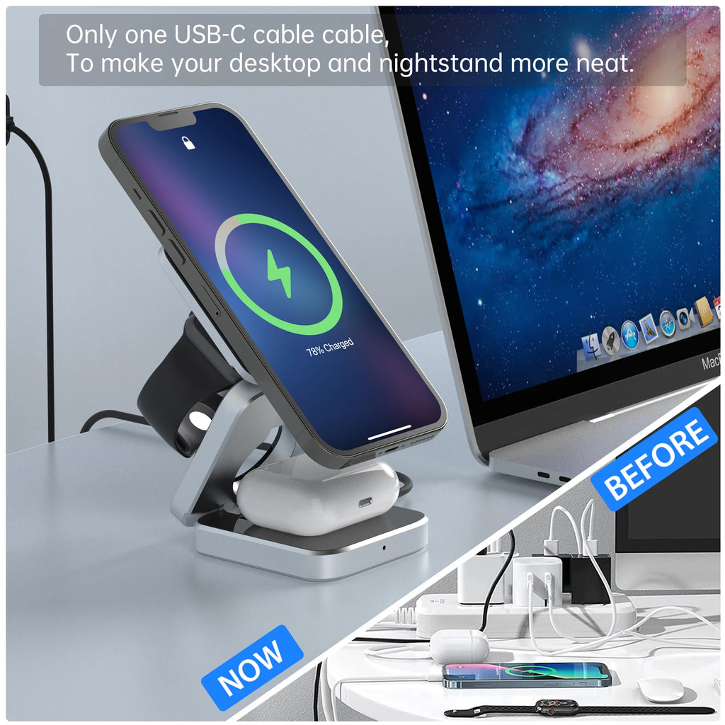 Travel 3 in 1 Magnetic Wireless Charger Foldable Stand Dock for iphone and sumsung