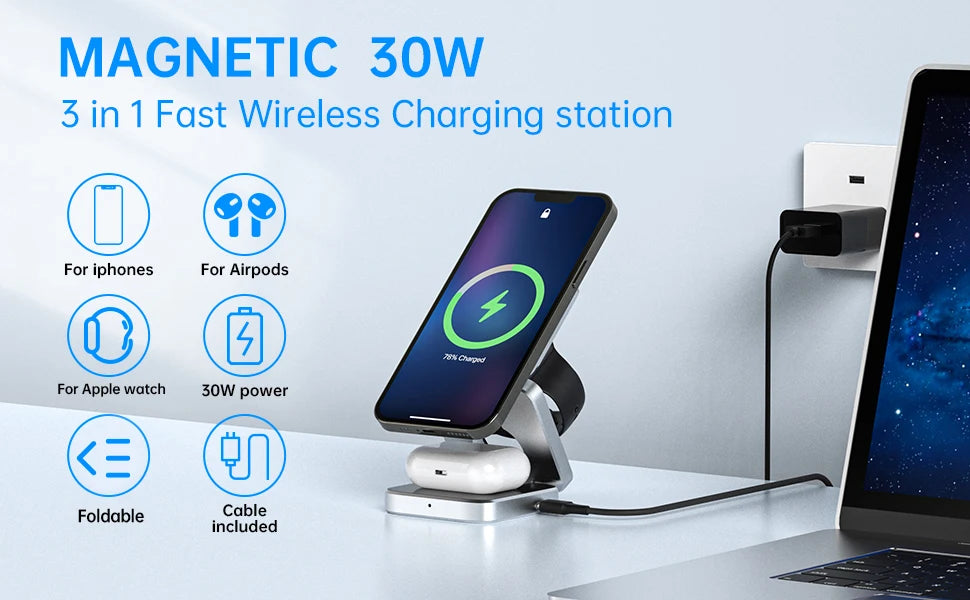 Travel 3 in 1 Magnetic Wireless Charger Foldable Stand Dock for iphone and sumsung