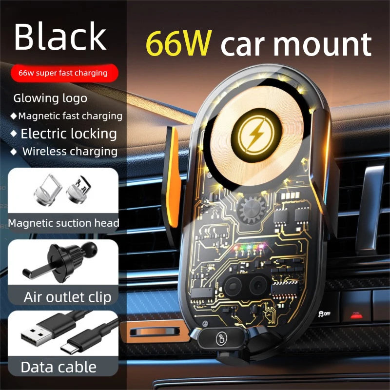 Smart Infrared Sensor Car Wireless Charger 66W Super Fast Charging Auto Lock Phone Mount Anti-Shake 360° Rotation AirVent Holder