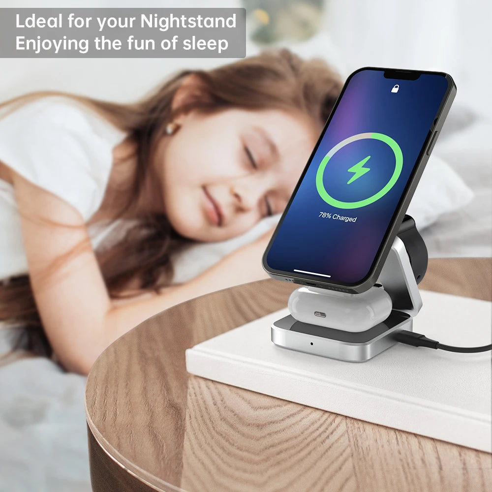 Travel 3 in 1 Magnetic Wireless Charger Foldable Stand Dock for iphone and sumsung