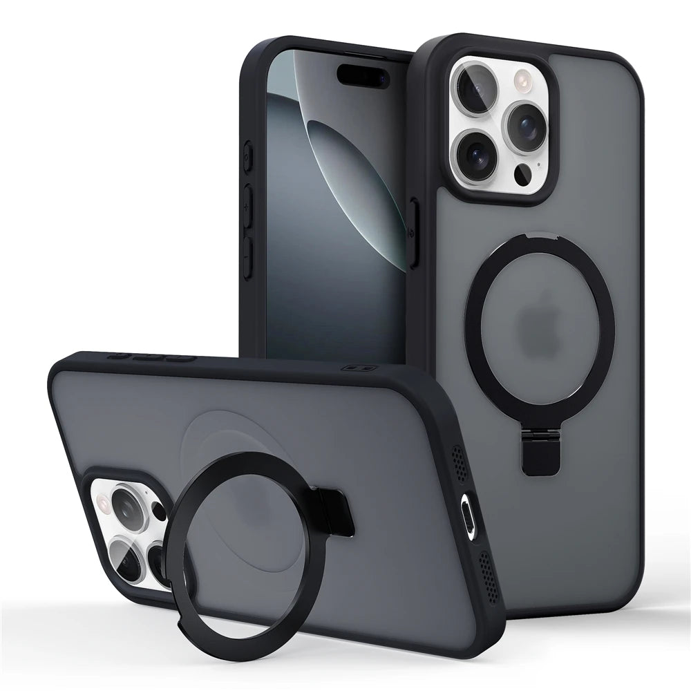 Matte Metal Ring Magnetic Phone Case for Magsafe IPhone 11 12 13 14 15 16 17 Air Pro Max Plus 17Pro KickStand Holder Cover