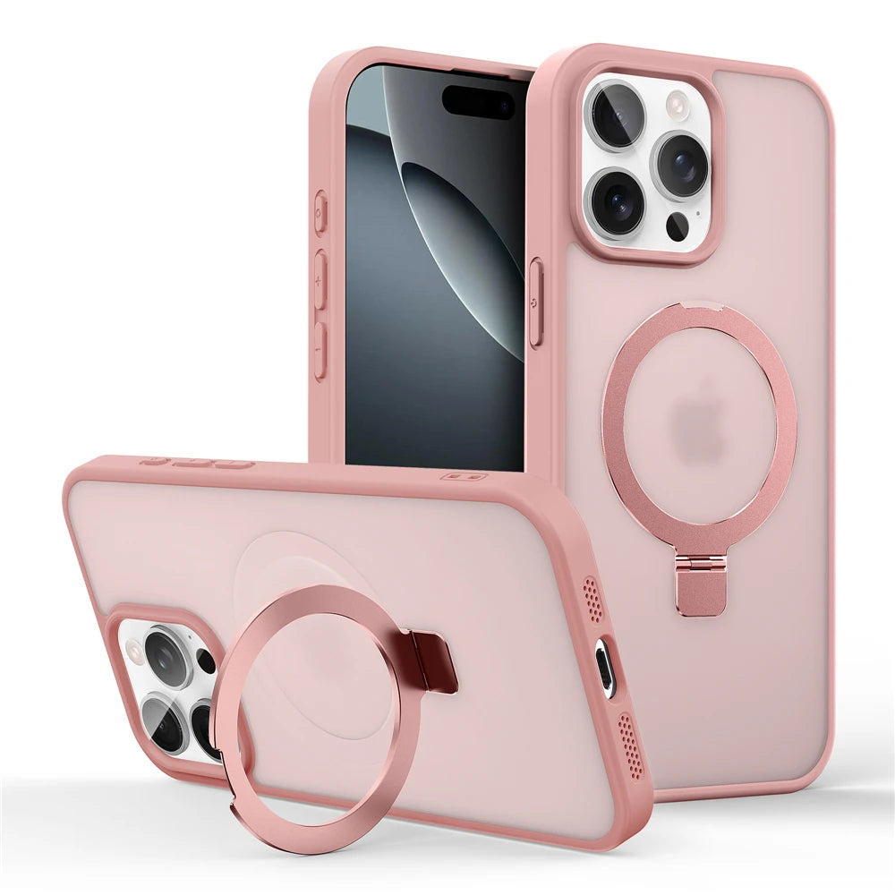 Matte Metal Ring Magnetic Phone Case for Magsafe IPhone 11 12 13 14 15 16 17 Air Pro Max Plus 17Pro KickStand Holder Cover